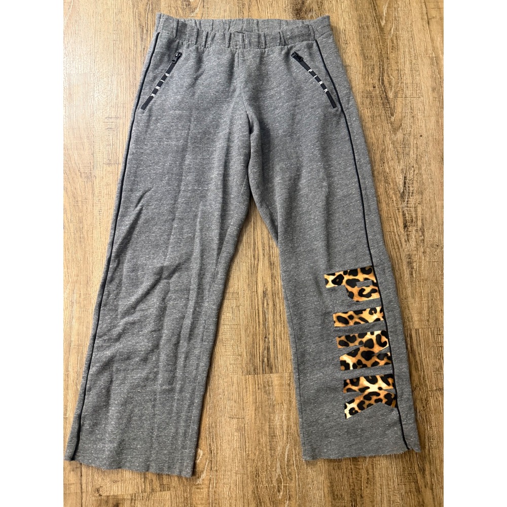 Pink Victoria's Secret Grey Leopard Logo Sweatpants Zipper Pockets Medium
